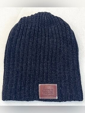 Love Your Melon 100% Cotton Dark Gray Ribbed Knit Beanie with Leather Patch